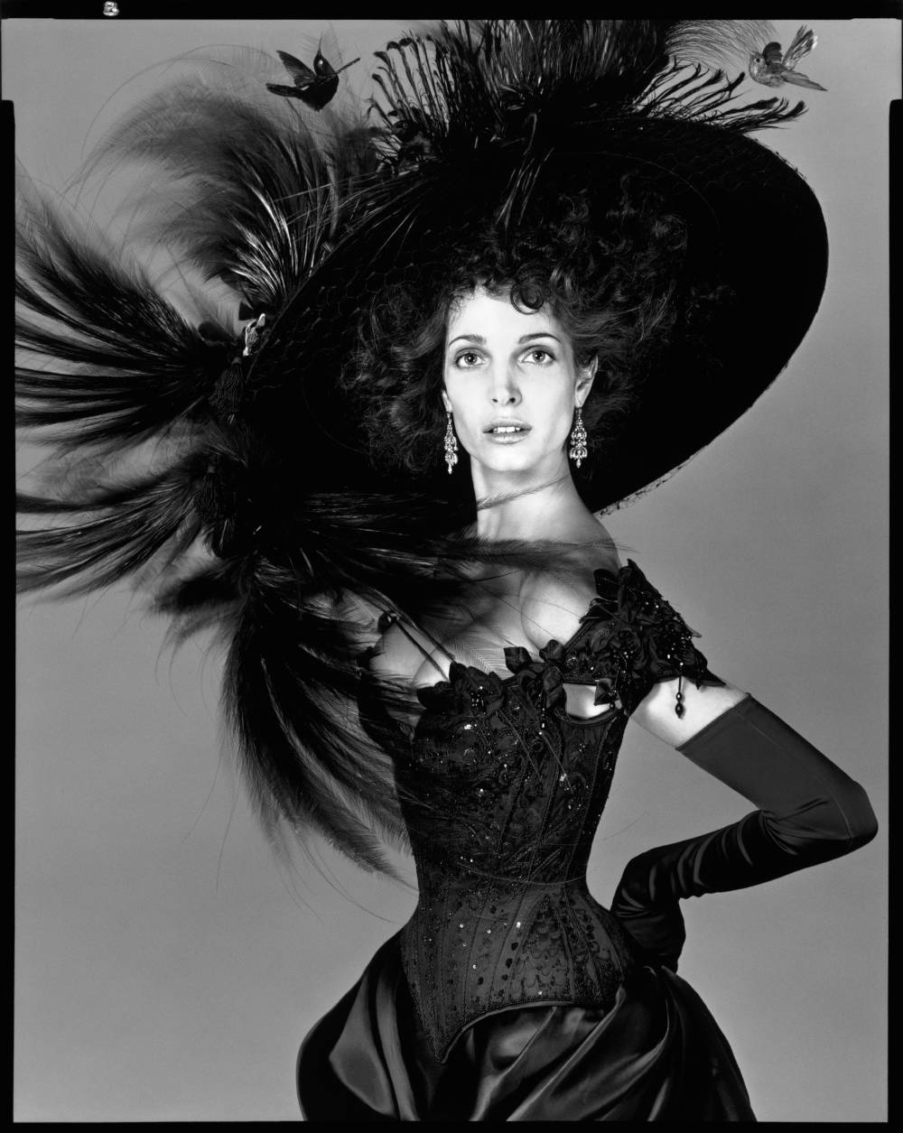Stephanie Seymour, bustier by Pearl, hat by Philip Treacy, New York, April 1995