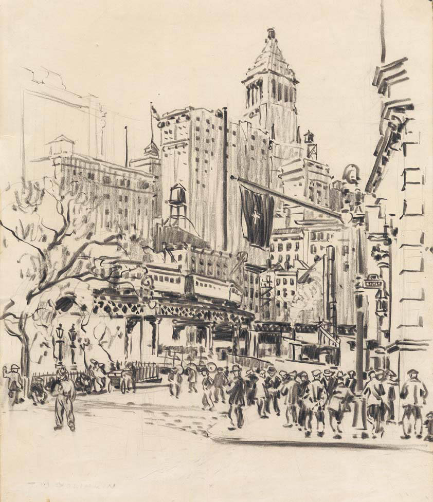 Francis Luis Mora, Reginald Marsh, John Sloan & Joseph Webster Golinkin, Street Scene with El (Lower Manhattan), 1925