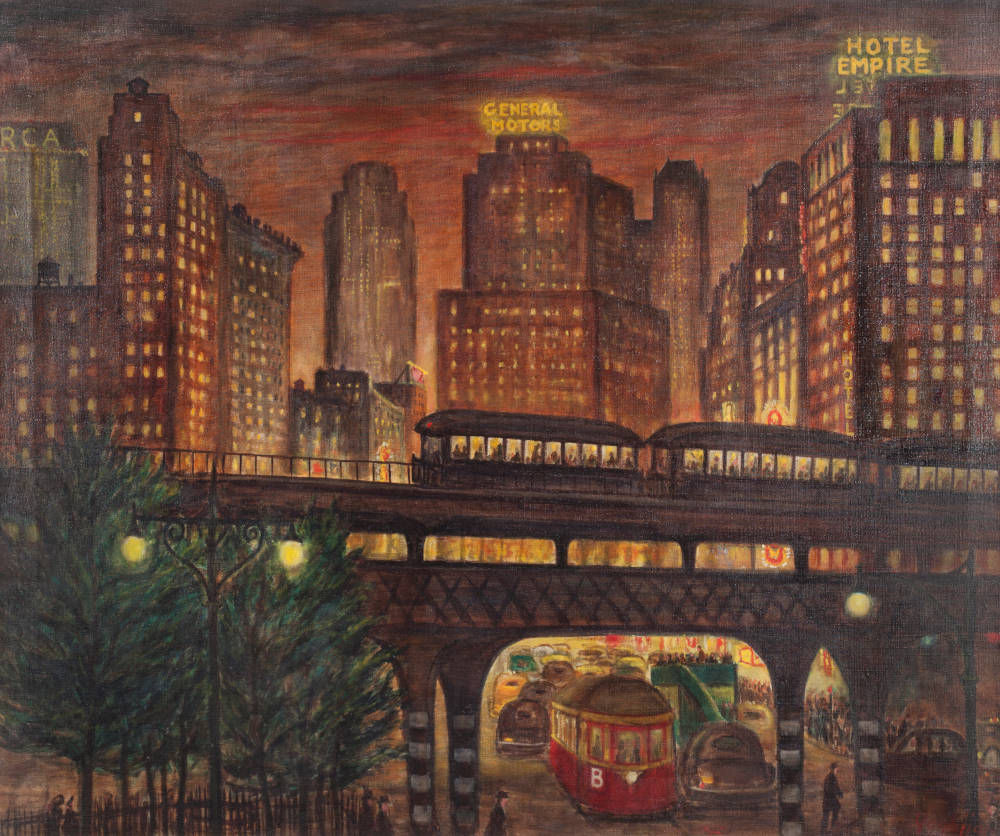 Francis Luis Mora, Reginald Marsh, John Sloan, Joseph Webster Golinkin, Doug Safranek, Saul Chase, Steven Katz & Edmund Yaghjian, El Crossing at 53rd Street, 1938