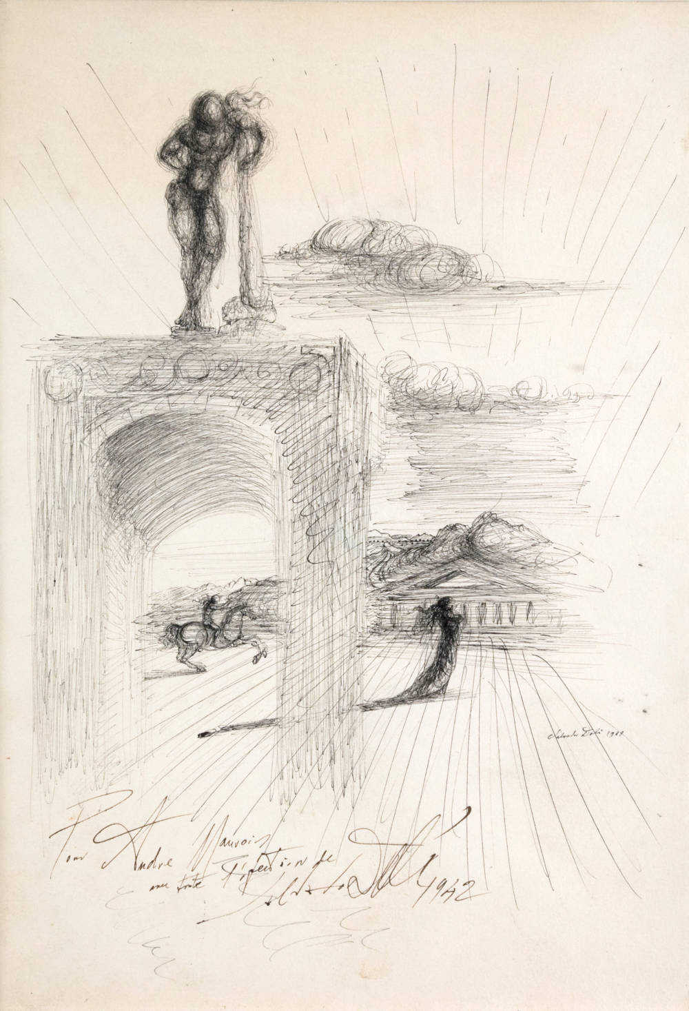 Salvador Dalí, Etude à l'architecture, chevalier et personnages, 1939