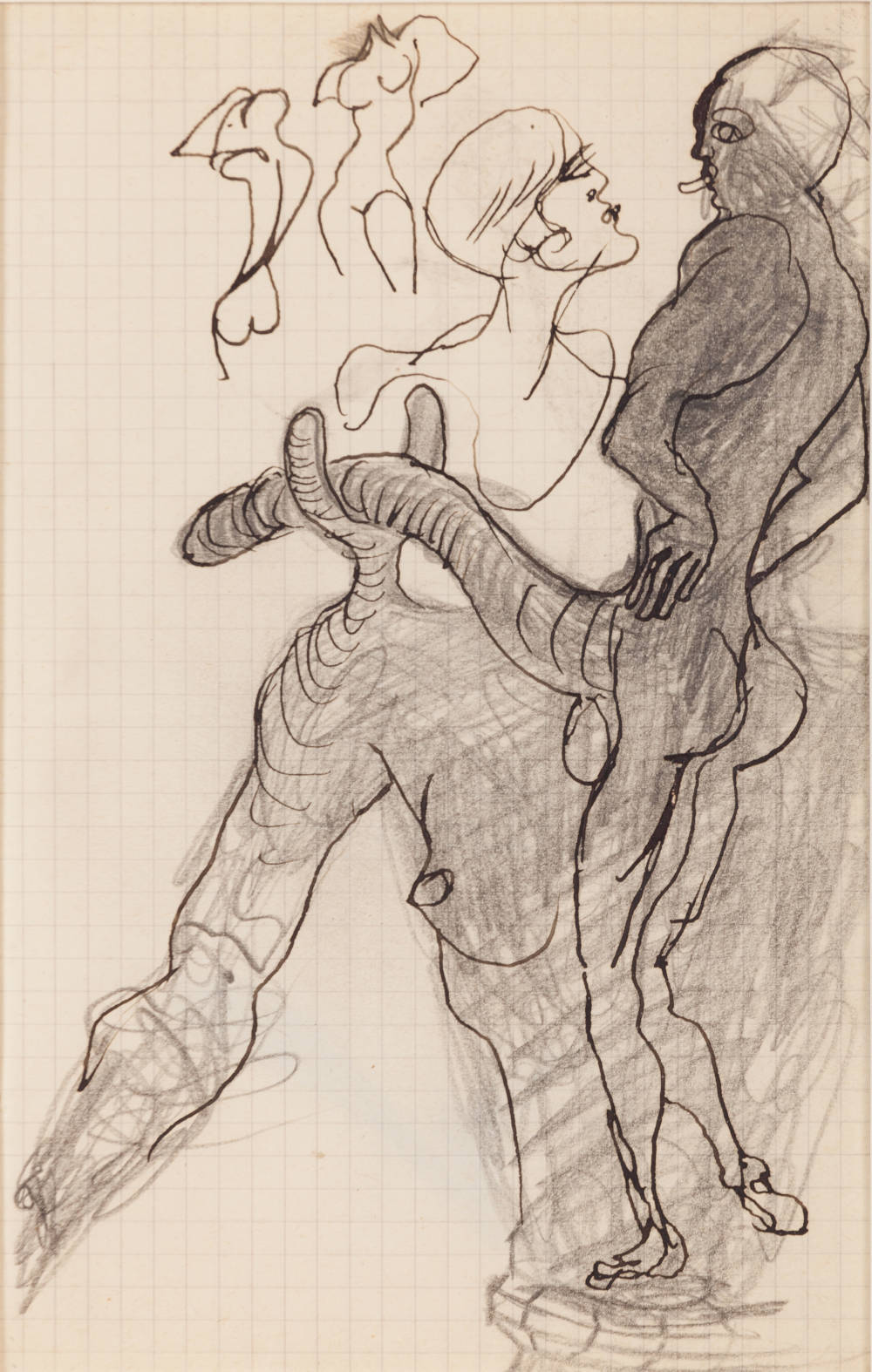 Salvador Dalí, Etude de mode, phallus sur béquilles, dessin de femme pour la mode avec excroissances, 1937
