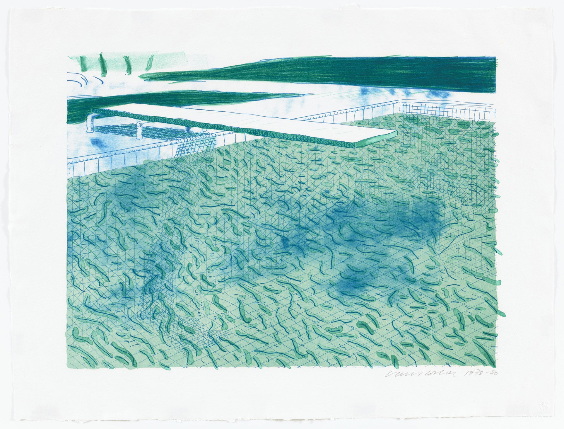 Lithograph of Water Made of Lines, a Green Wash, and a Light Blue Wash