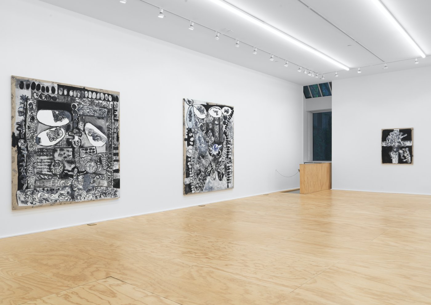 Installation image for Tobias Pils: 3 paintings 2 drawings 1 triptych, at Galerie Eva Presenhuber