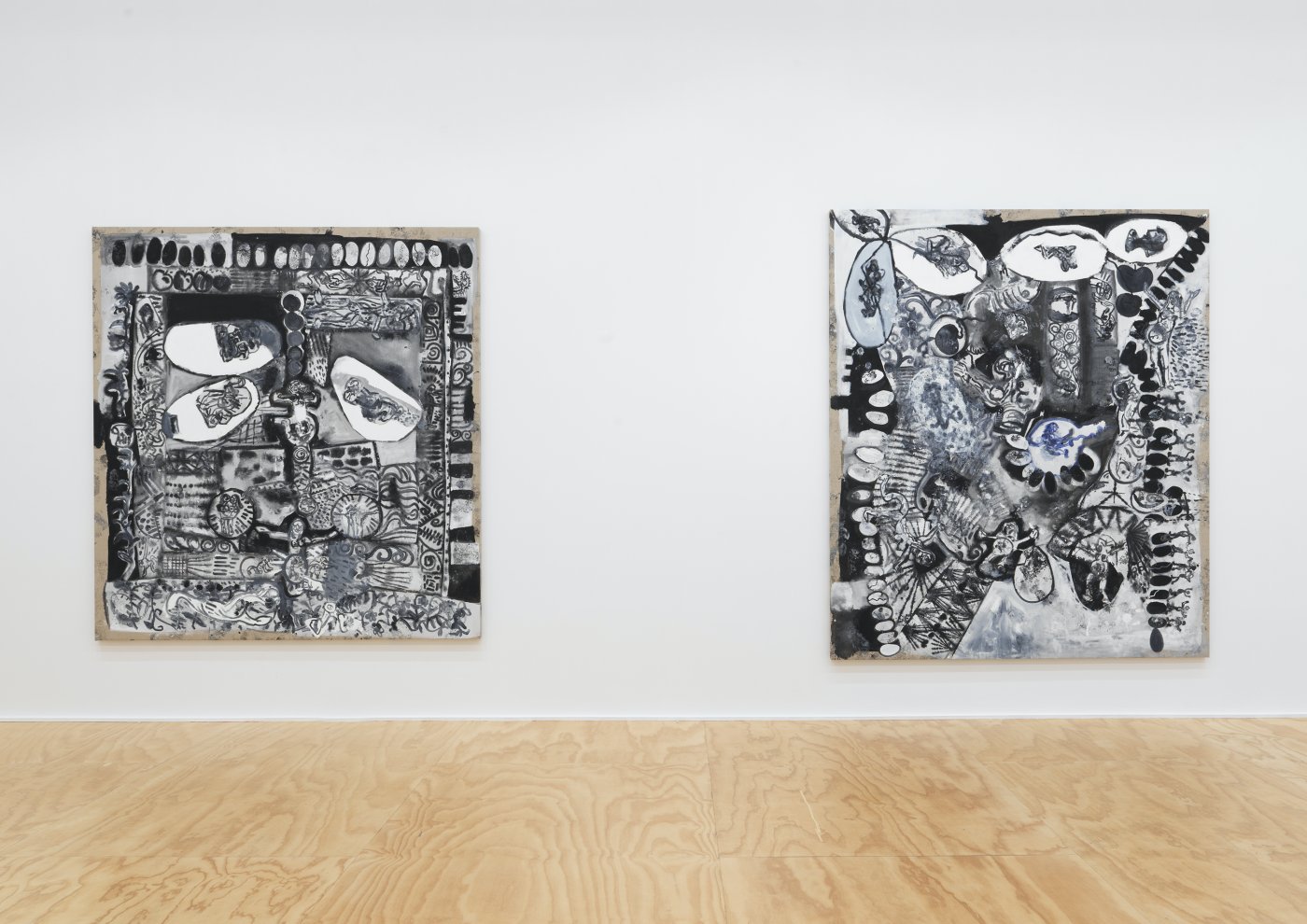 Installation image for Tobias Pils: 3 paintings 2 drawings 1 triptych, at Galerie Eva Presenhuber