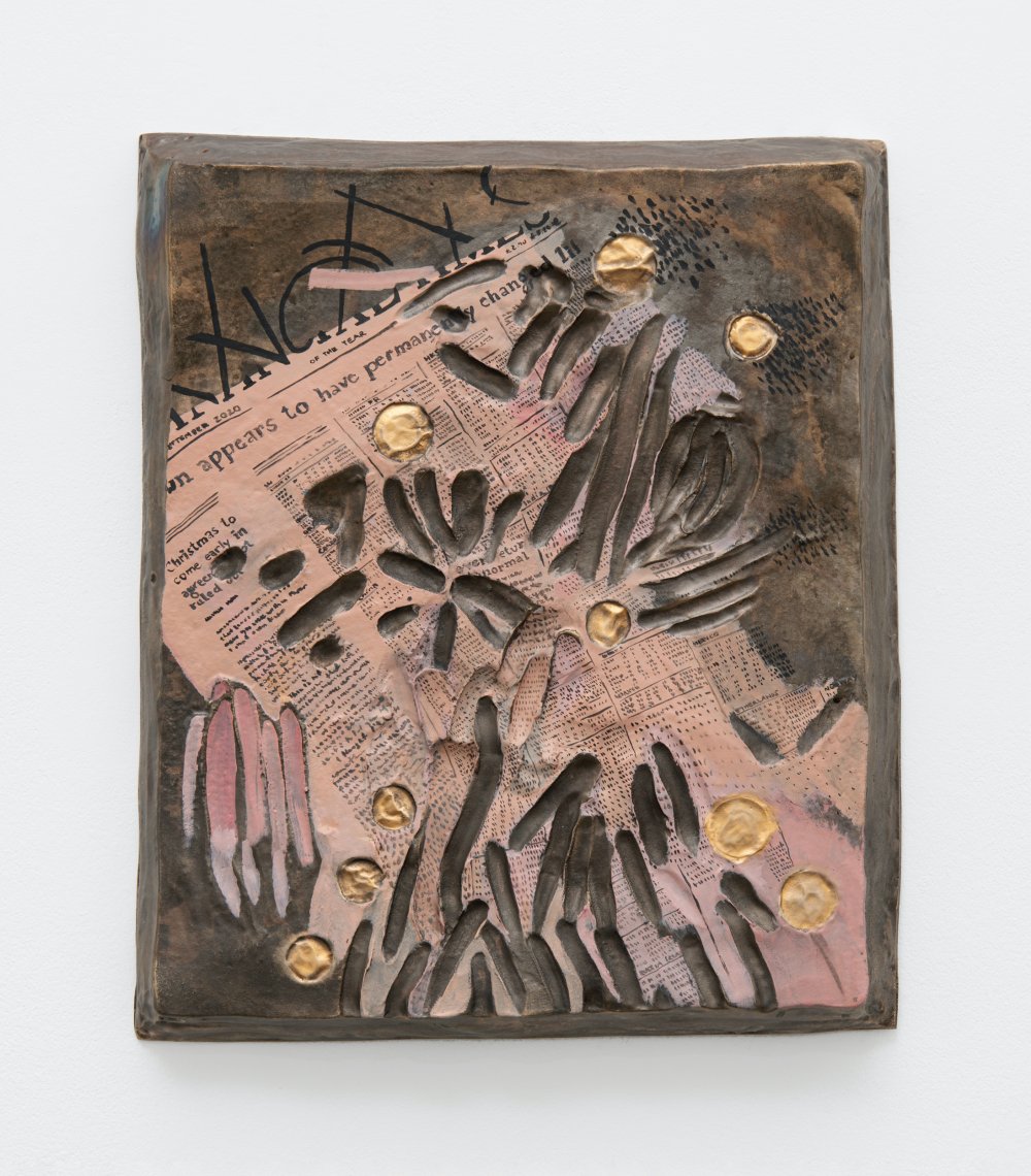 Erika Verzutti, Lady with newspaper and coins (Crying?), 2020