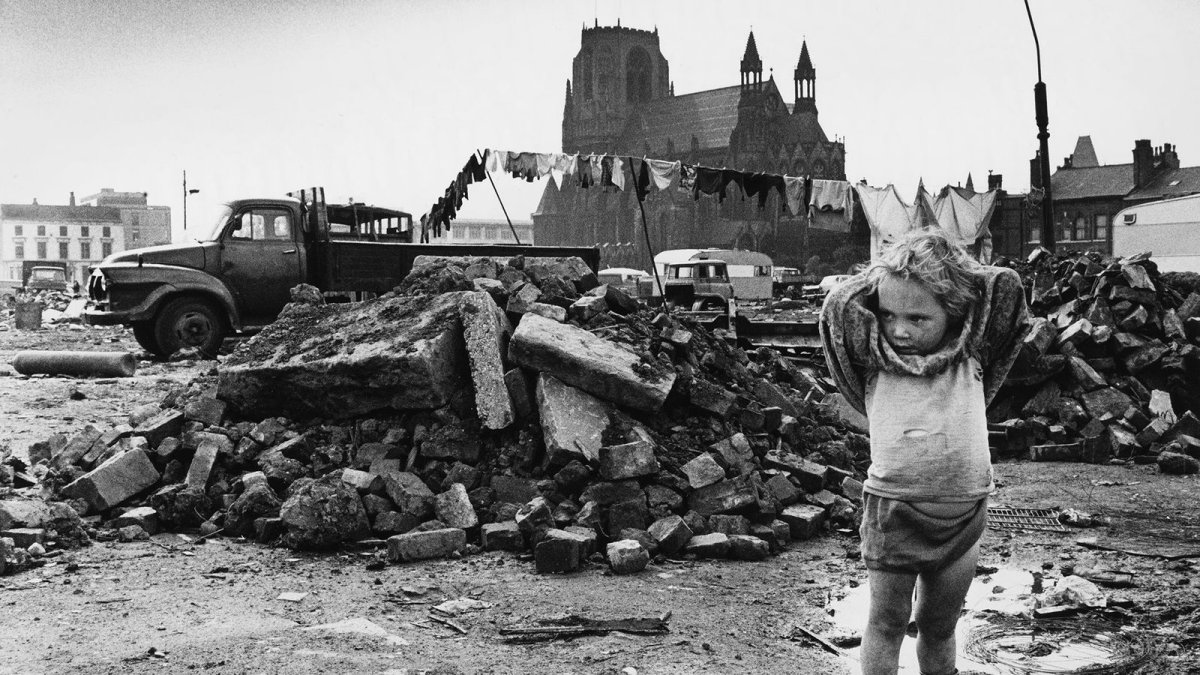 Shirley Baker, Toddler in demoliton site, Manchester University, 1968