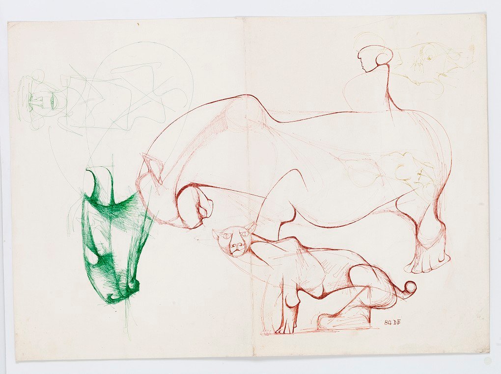 Dumile Feni, Untitled #28 (Double sided drawing, green and red ink sketches), 1984