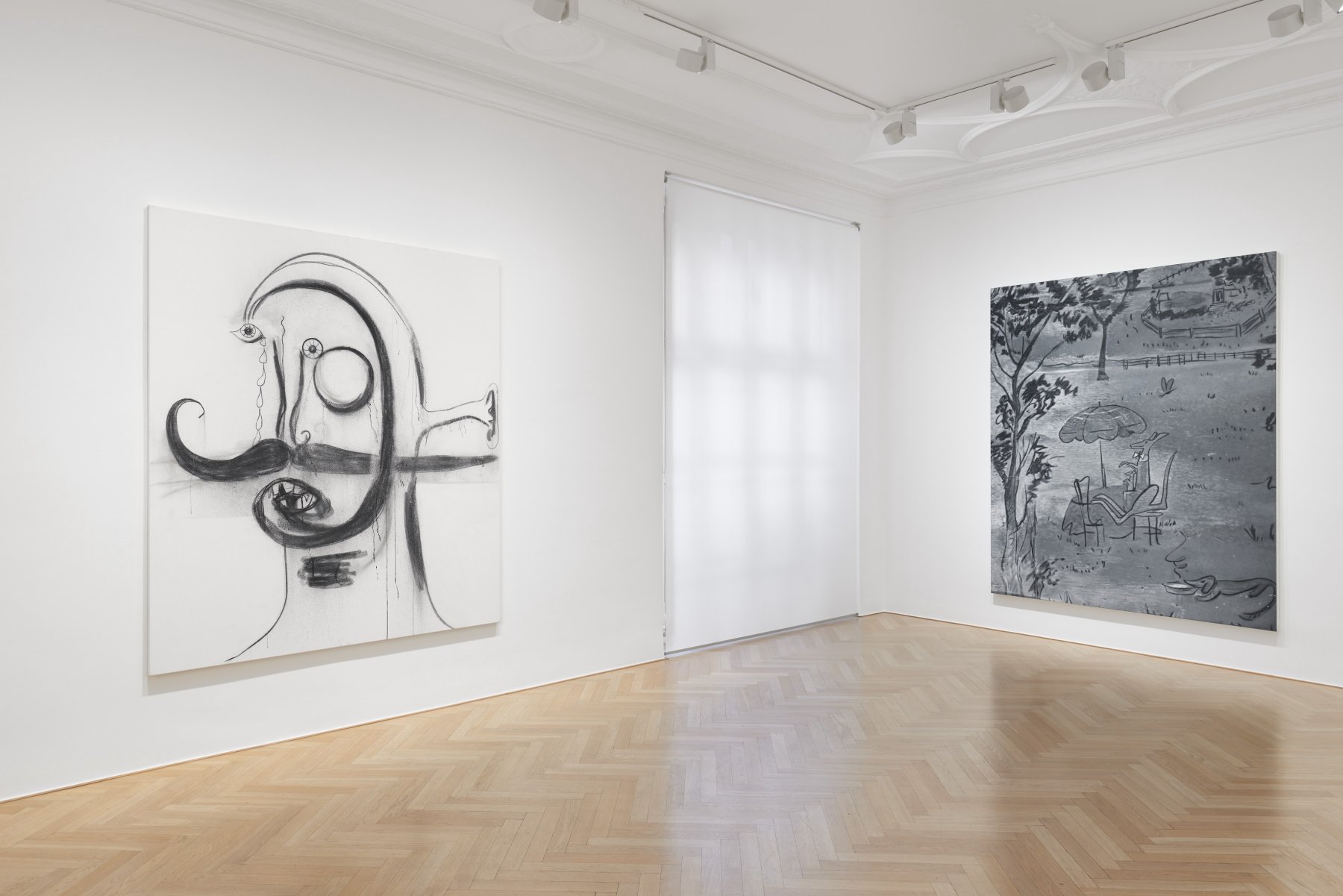 Installation image for Albert Oehlen, Richard Prince, Rudolf Stingel, at Galerie Max Hetzler