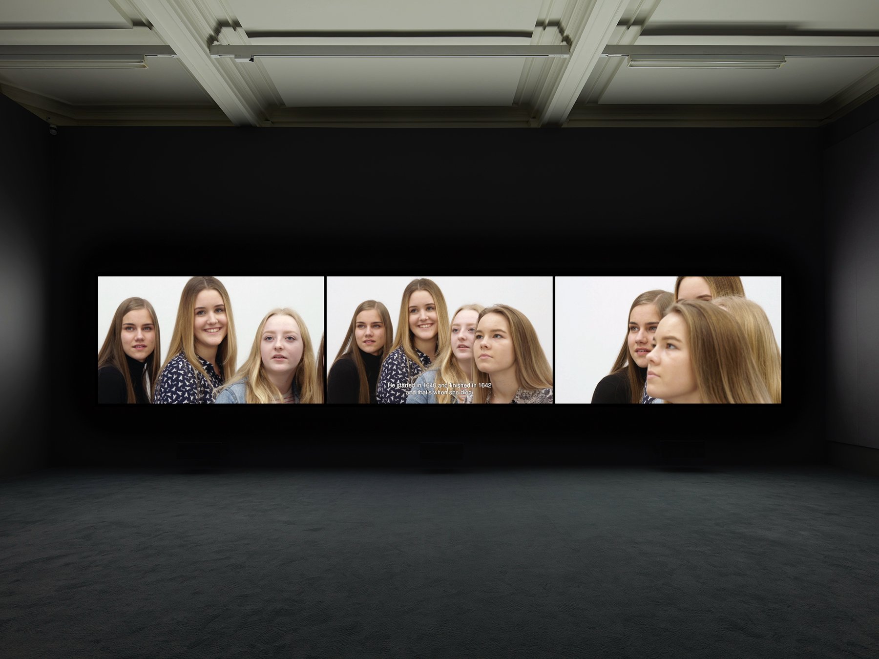 Installation image for Rineke Dijkstra: Night Watching and Pictures from the Archive, at Marian Goodman Gallery