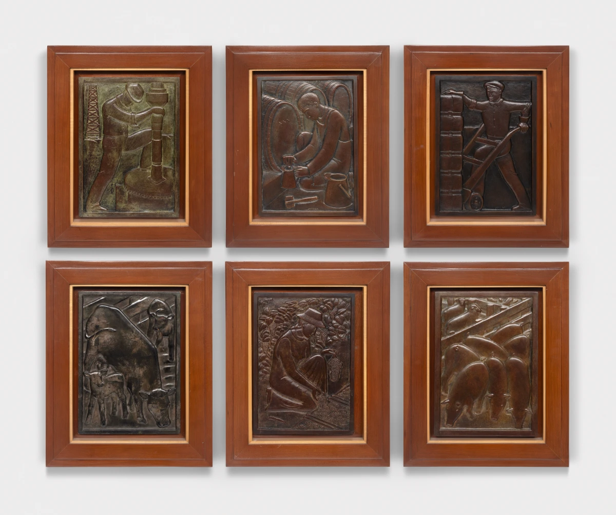 Jacques Schnier, Relief Panels for Elevator Doors, Helm Building, Fresno: Man Drilling for Oil, Man with Wine Kegs, Man with Bales, Corral, Woman with Grapes, Pigs and Sheep, 1936