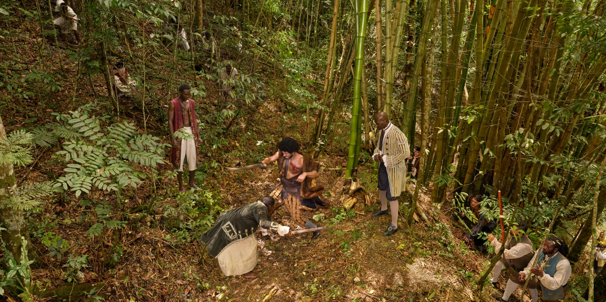 Stan Douglas, Act III, Scene VII: In which the pirate Morano (aka Captain Macheath) challenges, and is vanquished by, the Maroon Queen Pohetohee from the series, The Enemy of All Mankind: Nine Scenes from John Gay’s Polly (1729), 2024