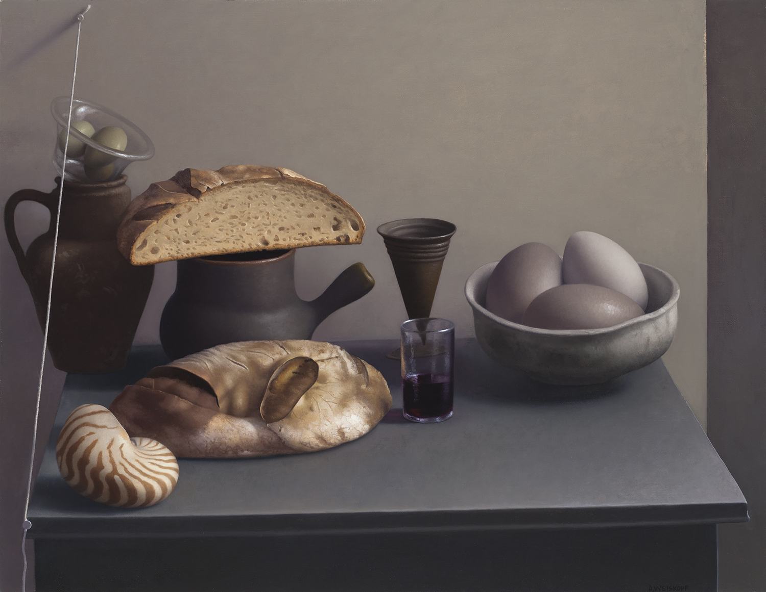 Amy Weiskopf, Still Life with Bread, Shell and Eggs, 2016