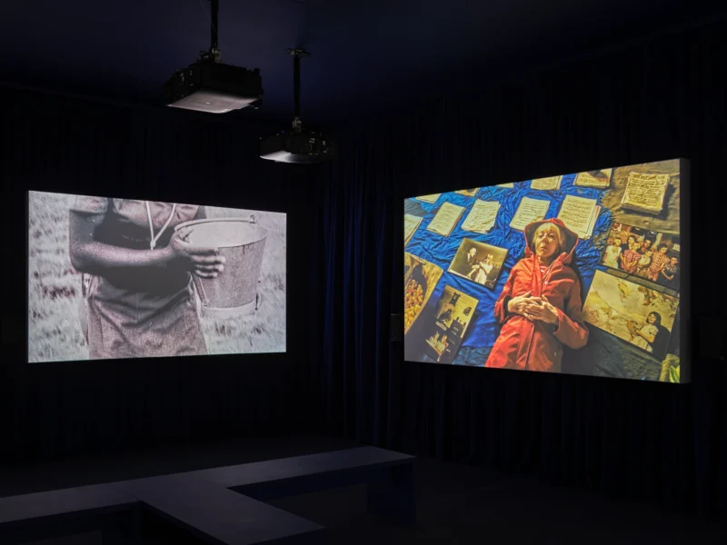 Installation shot from John Akomfrah: Listening All Night To The Rain, @ Lisson Gallery