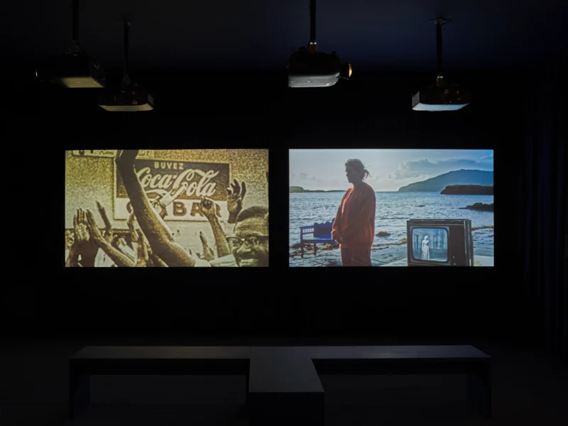 Installation shot from John Akomfrah: Listening All Night To The Rain, @ Lisson Gallery