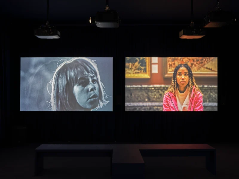 Installation shot from John Akomfrah: Listening All Night To The Rain, @ Lisson Gallery