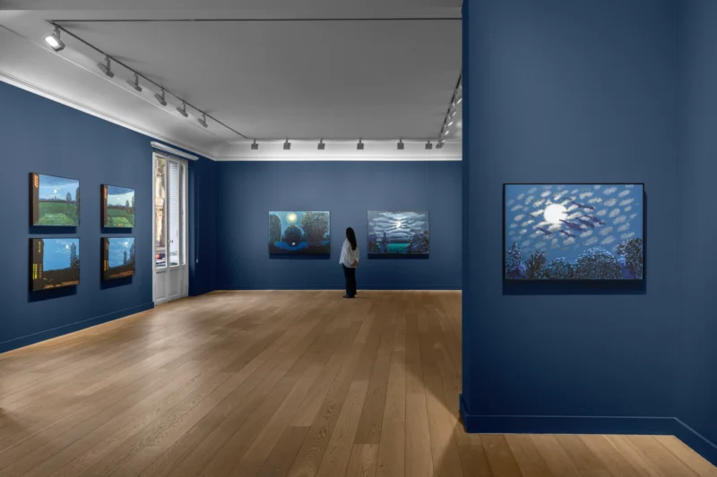 Installation shot from David Hockney: The Moon Room, @ Galerie Lelong