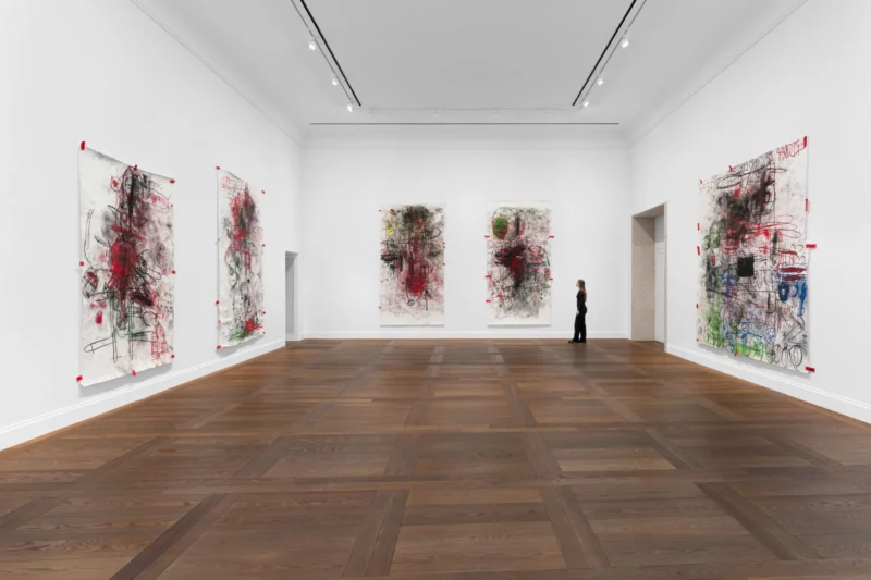 Installation shot from Paul McCarthy. SS EE Saint Santa Eva Elf Drawing Sessions 2025 with Lilith Stangenberg, @ Hauser & Wirth