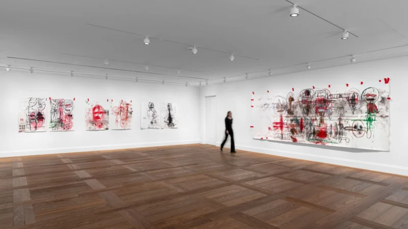 Installation shot from Paul McCarthy. SS EE Saint Santa Eva Elf Drawing Sessions 2025 with Lilith Stangenberg, @ Hauser & Wirth