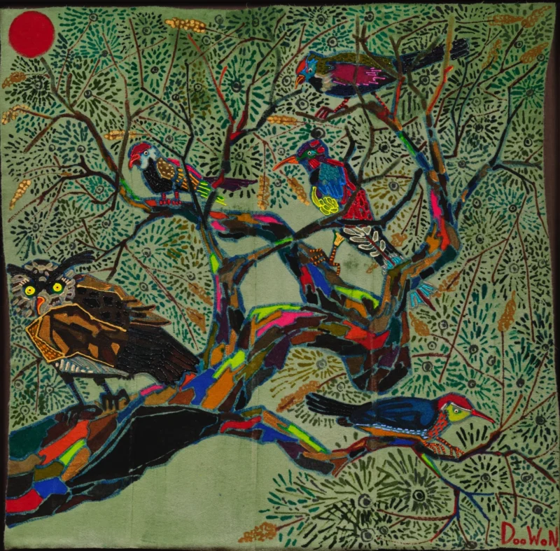 Doowon Lee, Multicolored Pine Tree with Too Many Birds, 2026