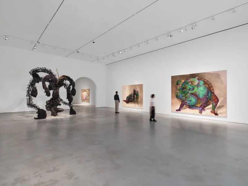 Installation shot from Firelei Báez. Feet squelching on wet grass, nourished by uncertainty, @ Hauser & Wirth