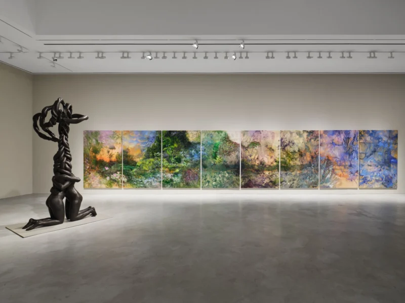 Installation shot from Firelei Báez. Feet squelching on wet grass, nourished by uncertainty, @ Hauser & Wirth