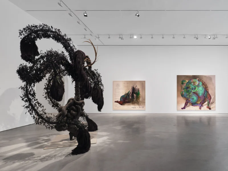 Installation shot from Firelei Báez. Feet squelching on wet grass, nourished by uncertainty, @ Hauser & Wirth