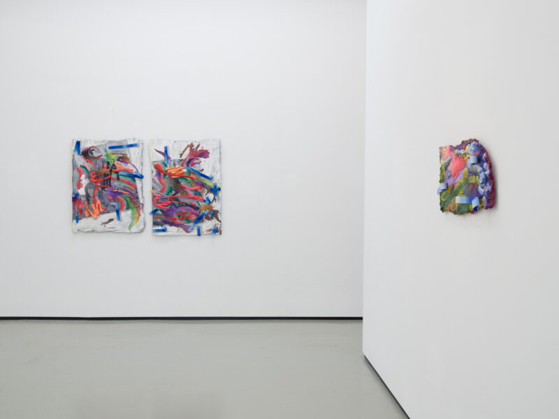Installation shot from Katy Cowan: Tape Drifts and Figures Reach, @ Philip Martin Gallery