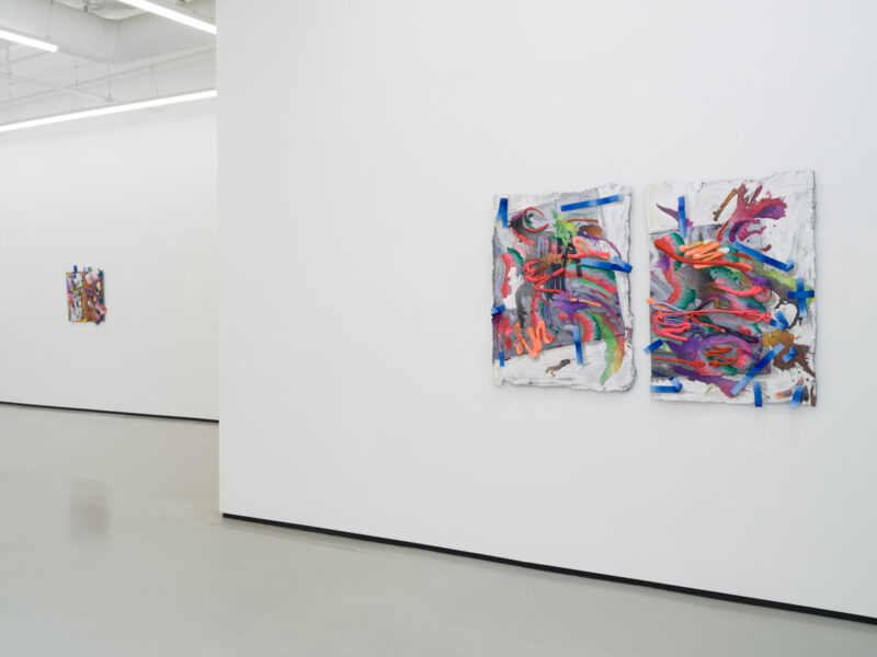 Installation shot from Katy Cowan: Tape Drifts and Figures Reach, @ Philip Martin Gallery