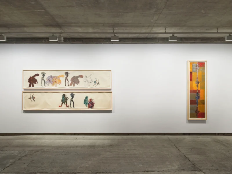 Installation shot from To the Dance: Eight works by Nancy Spero 1926-2009, @ Frith Street Gallery