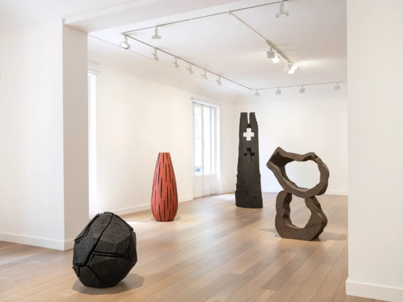 Installation shot from David Nash: Catching Forms. Wood to Bronze, @ Galerie Lelong