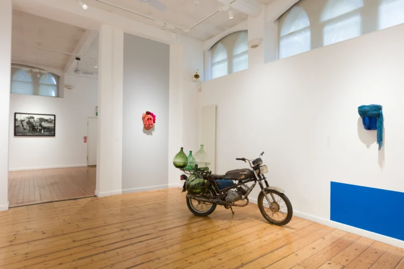 Installation shot from Romuald Hazoumè: My Blue Period, @ October Gallery