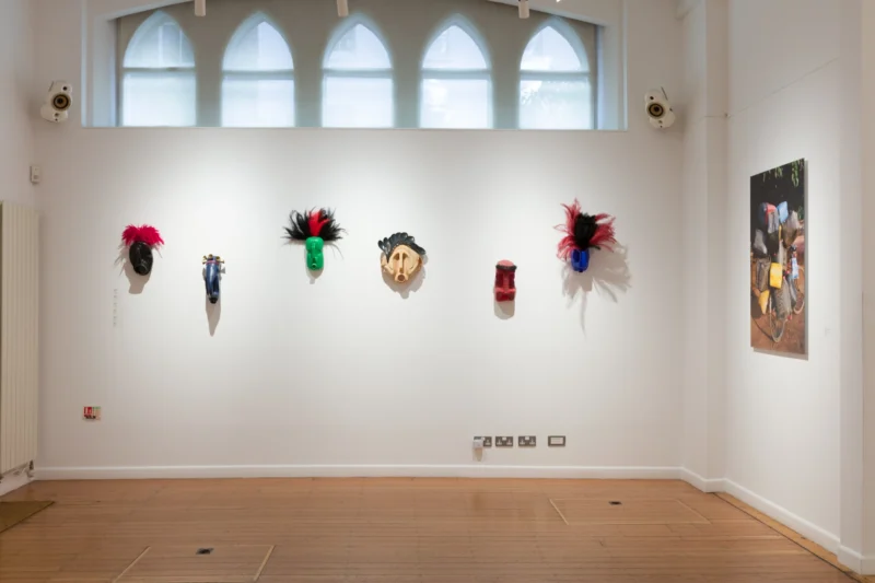 Installation shot from Romuald Hazoumè: My Blue Period, @ October Gallery